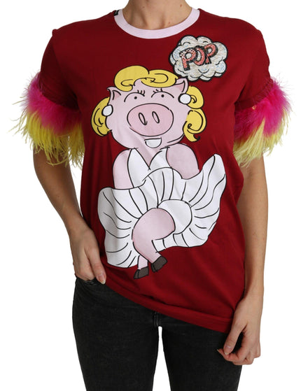 Dolce & Gabbana Red Pig Print Feather Sleeves T-shirt Top - Ellie Belle