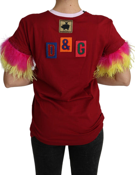 Dolce & Gabbana Red Pig Print Feather Sleeves T-shirt Top - Ellie Belle