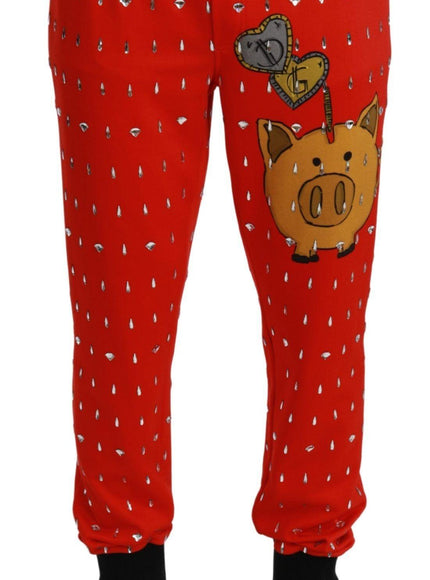 Dolce & Gabbana Red Piggy Bank Cotton Crystal Trousers Pants