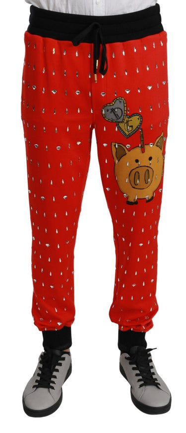 Dolce & Gabbana Red Piggy Bank Cotton Crystal Trousers Pants - Ellie Belle