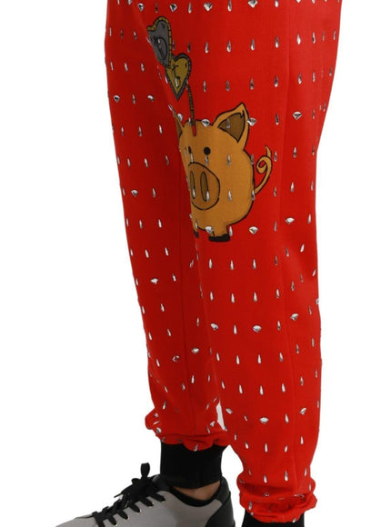 Dolce & Gabbana Red Piggy Bank Cotton Crystal Trousers Pants