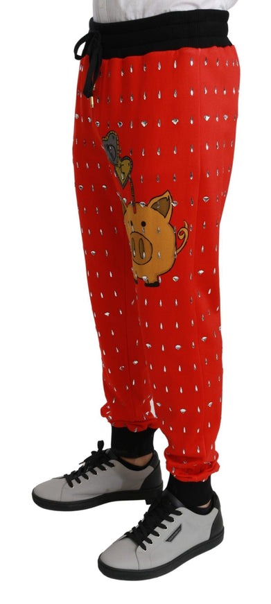 Dolce & Gabbana Red Piggy Bank Cotton Crystal Trousers Pants - Ellie Belle