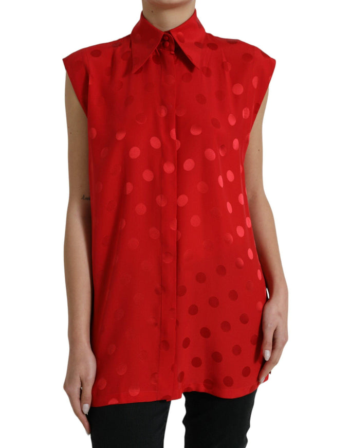 Dolce & Gabbana Red Polka Dot Sleeveless Collared Blouse Top - Ellie Belle