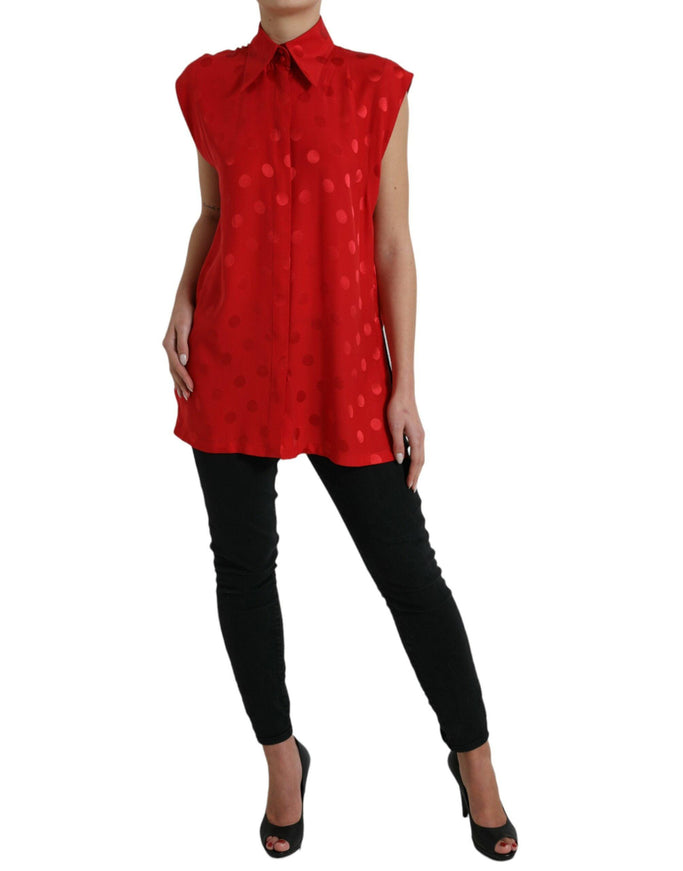 Dolce & Gabbana Red Polka Dot Sleeveless Collared Blouse Top - Ellie Belle