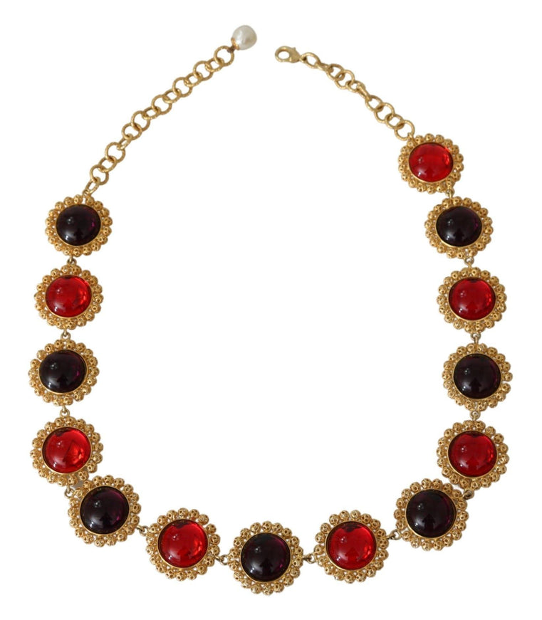 Dolce & Gabbana Red Purple Crystal Floral Chain Statement Gold Brass Necklace - Ellie Belle