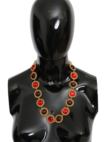 Dolce & Gabbana Red Purple Crystal Floral Chain Statement Gold Brass Necklace - Ellie Belle
