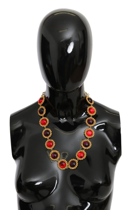 Dolce & Gabbana Red Purple Crystal Floral Chain Statement Gold Brass Necklace - Ellie Belle