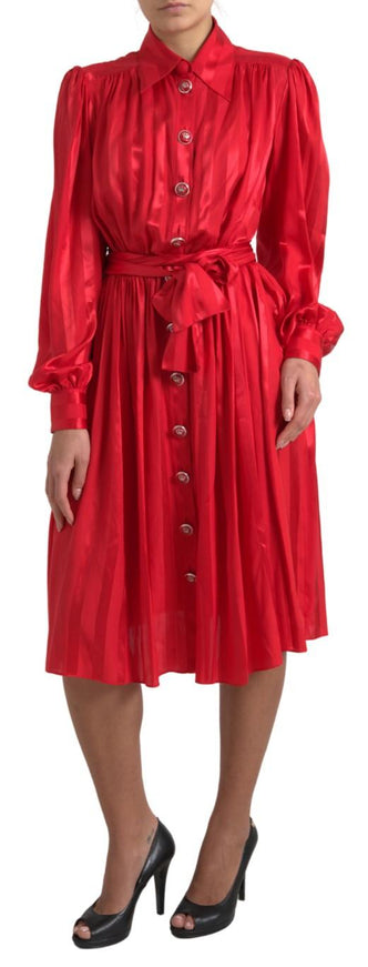 Dolce & Gabbana Red Satin Silk Button Down Belted Midi Dress - Ellie Belle