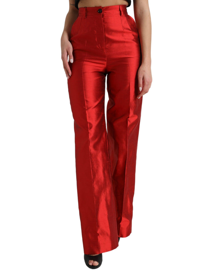 Dolce & Gabbana Red Satin Silk High Waist Wide Leg Pants - Ellie Belle