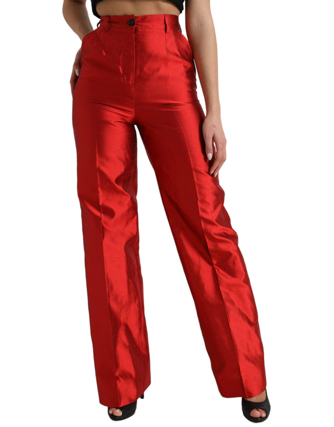 Dolce & Gabbana Red Satin Silk High Waist Wide Leg Pants - Ellie Belle