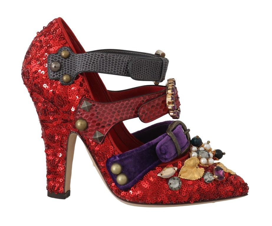 Dolce & Gabbana Red Sequined Crystal Studs Heels Shoes - Ellie Belle