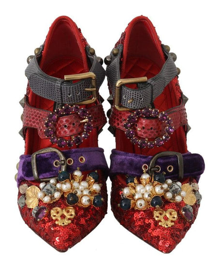 Dolce & Gabbana Red Sequined Crystal Studs Heels Shoes - Ellie Belle