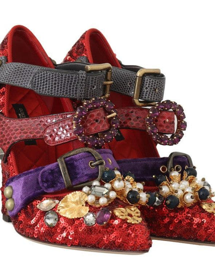 Dolce & Gabbana Red Sequined Crystal Studs Heels Shoes - Ellie Belle