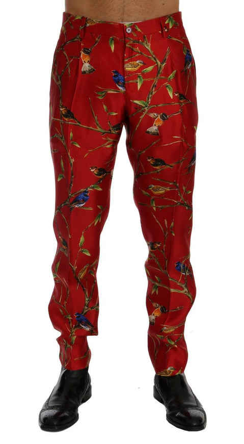 Dolce & Gabbana Red Silk Bird Print Dress Pants - Ellie Belle