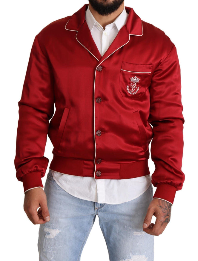 Dolce & Gabbana Red Silk Button DG Logo Bomber Jacket - Ellie Belle