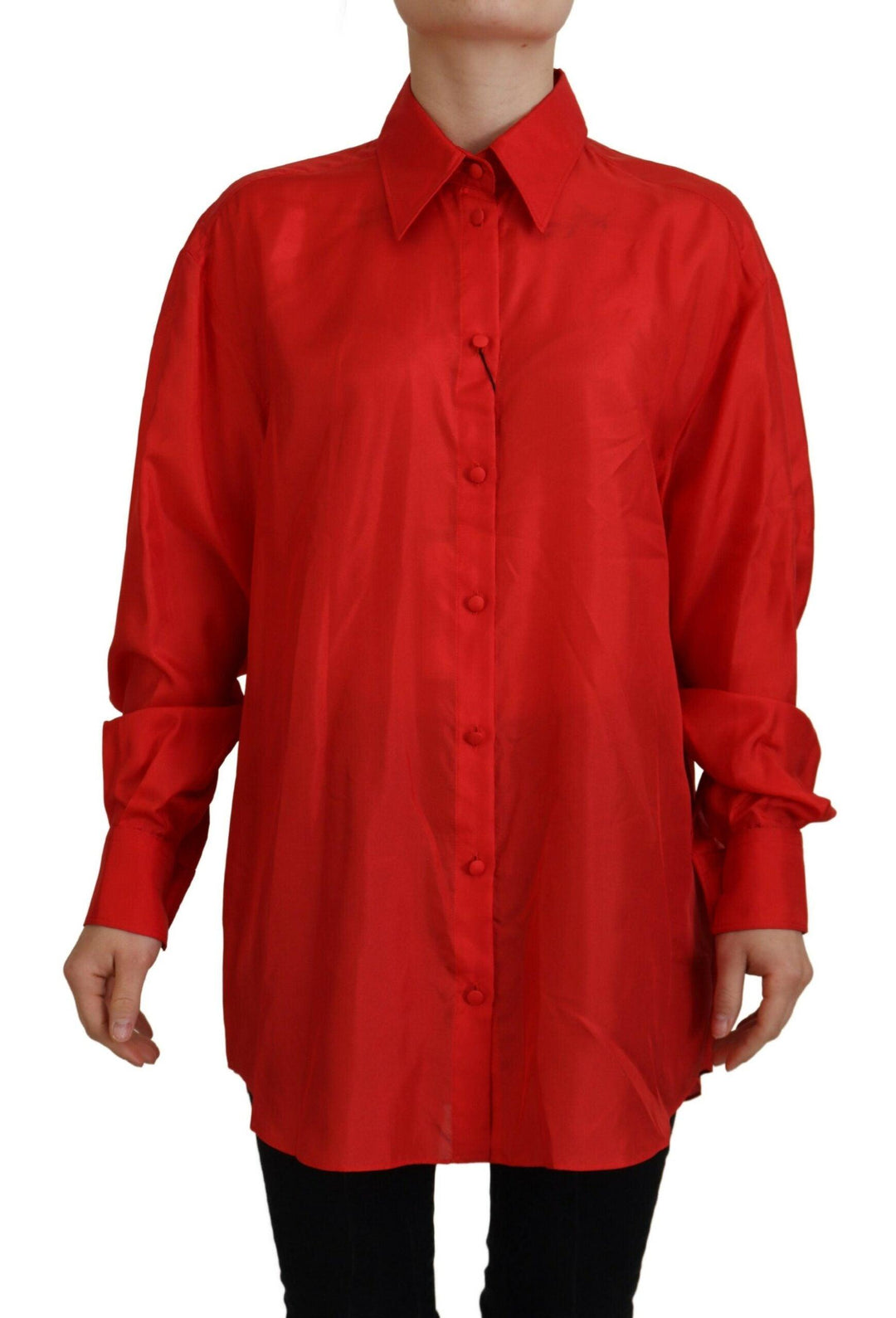 Dolce & Gabbana Red Silk Collared Long Sleeves Dress Shirt Top - Ellie Belle