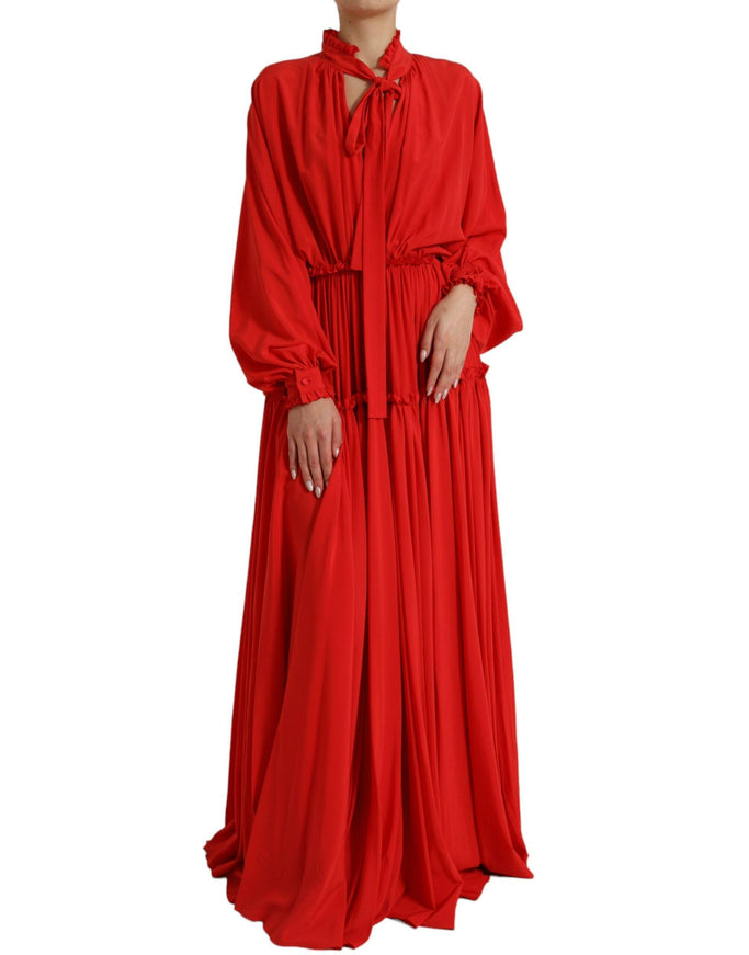 Dolce & Gabbana Red Silk Long Gown Pleated Ascot Collar Dress - Ellie Belle