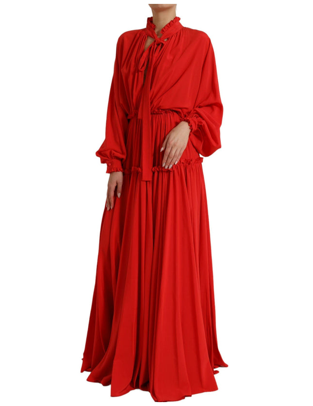 Dolce & Gabbana Red Silk Long Gown Pleated Ascot Collar Dress - Ellie Belle