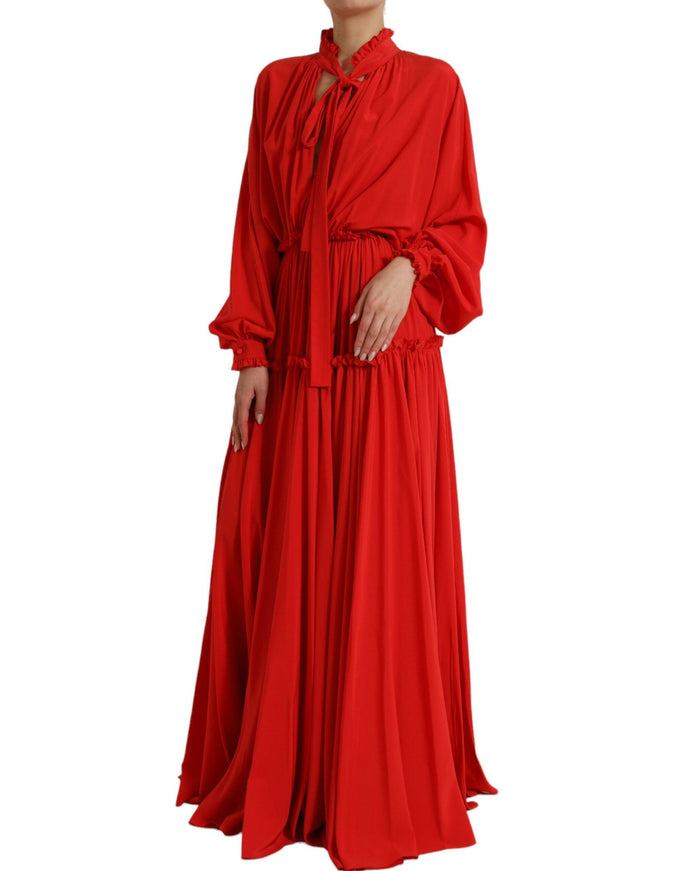 Dolce & Gabbana Red Silk Long Gown Pleated Ascot Collar Dress - Ellie Belle