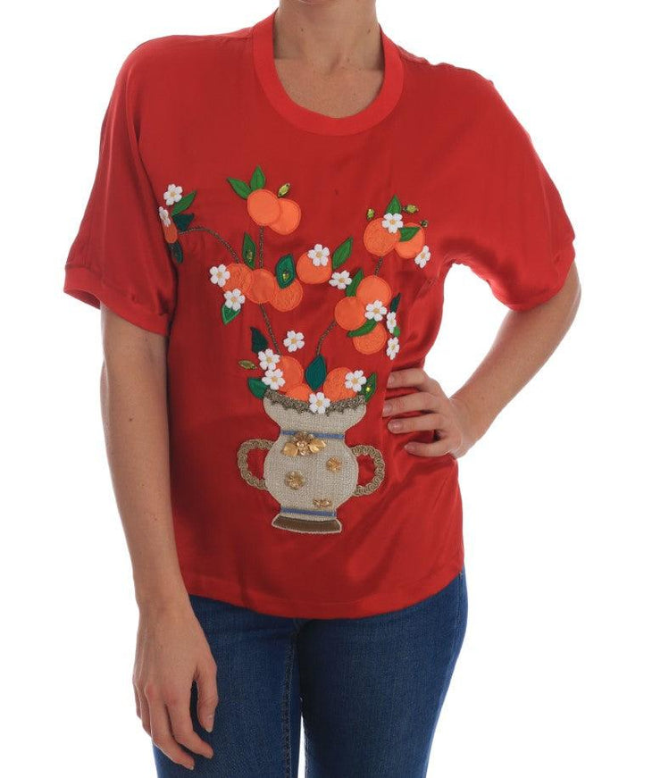 Dolce & Gabbana Red Silk Oranges Floral Crystal Blouse