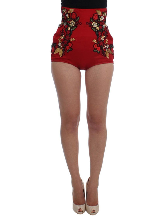 Dolce & Gabbana Red Silk Pearls Roses Shorts - Ellie Belle