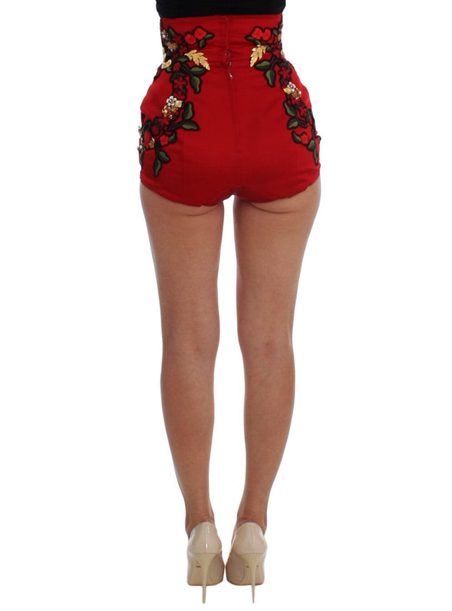 Dolce & Gabbana Red Silk Pearls Roses Shorts - Ellie Belle