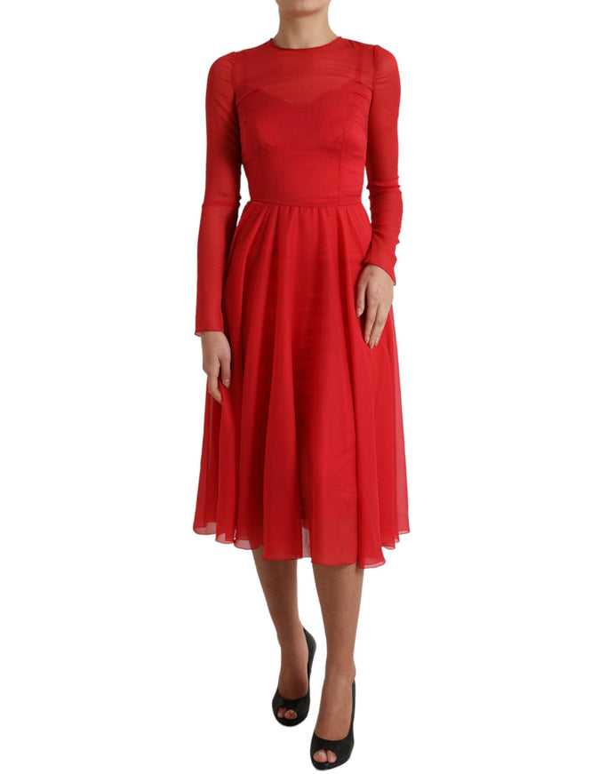 Dolce & Gabbana Red Silk Pleated Aline Long Sleeve Midi Dress - Ellie Belle