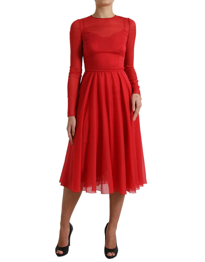 Dolce & Gabbana Red Silk Pleated Aline Long Sleeve Midi Dress - Ellie Belle