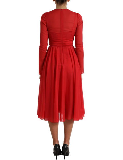 Dolce & Gabbana Red Silk Pleated Aline Long Sleeve Midi Dress - Ellie Belle