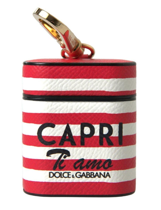Dolce & Gabbana Red Stripe Dauphine Leather Logo Print Strap Airpod Case - Ellie Belle