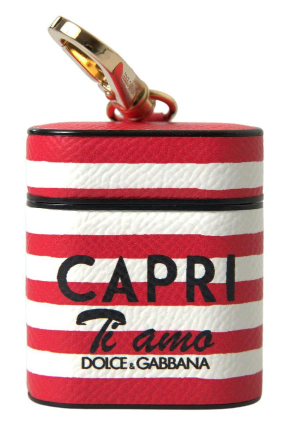 Dolce & Gabbana Red Stripe Dauphine Leather Logo Print Strap Airpod Case - Ellie Belle