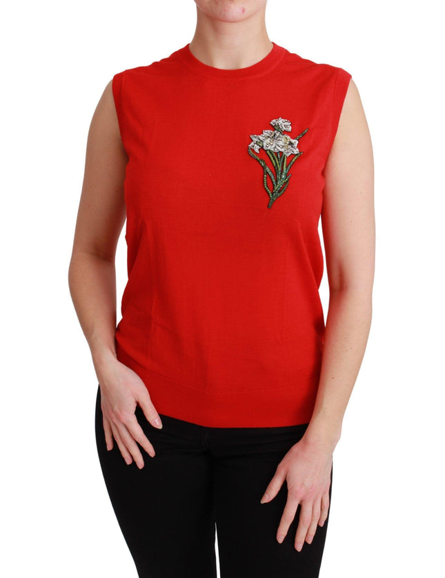 Dolce & Gabbana Red Tank Vest Crystal Flower Wool Top - Ellie Belle
