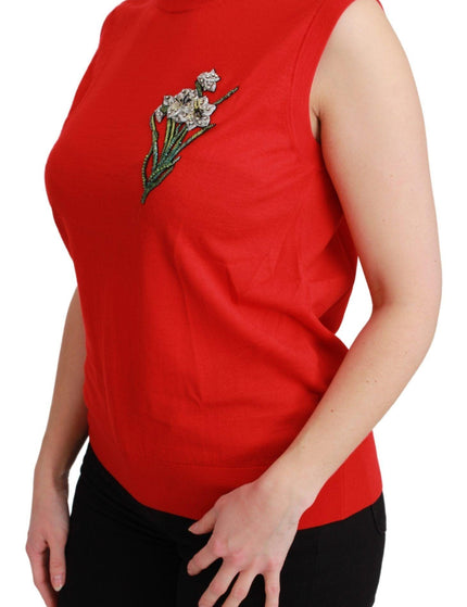 Dolce & Gabbana Red Tank Vest Crystal Flower Wool Top - Ellie Belle