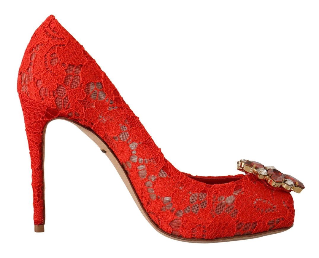 Dolce & Gabbana Red Taormina Lace Crystal Heels Pumps - Ellie Belle