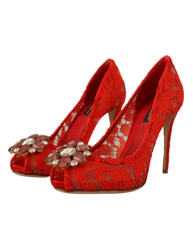 Dolce & Gabbana Red Taormina Lace Crystal Heels Pumps - Ellie Belle