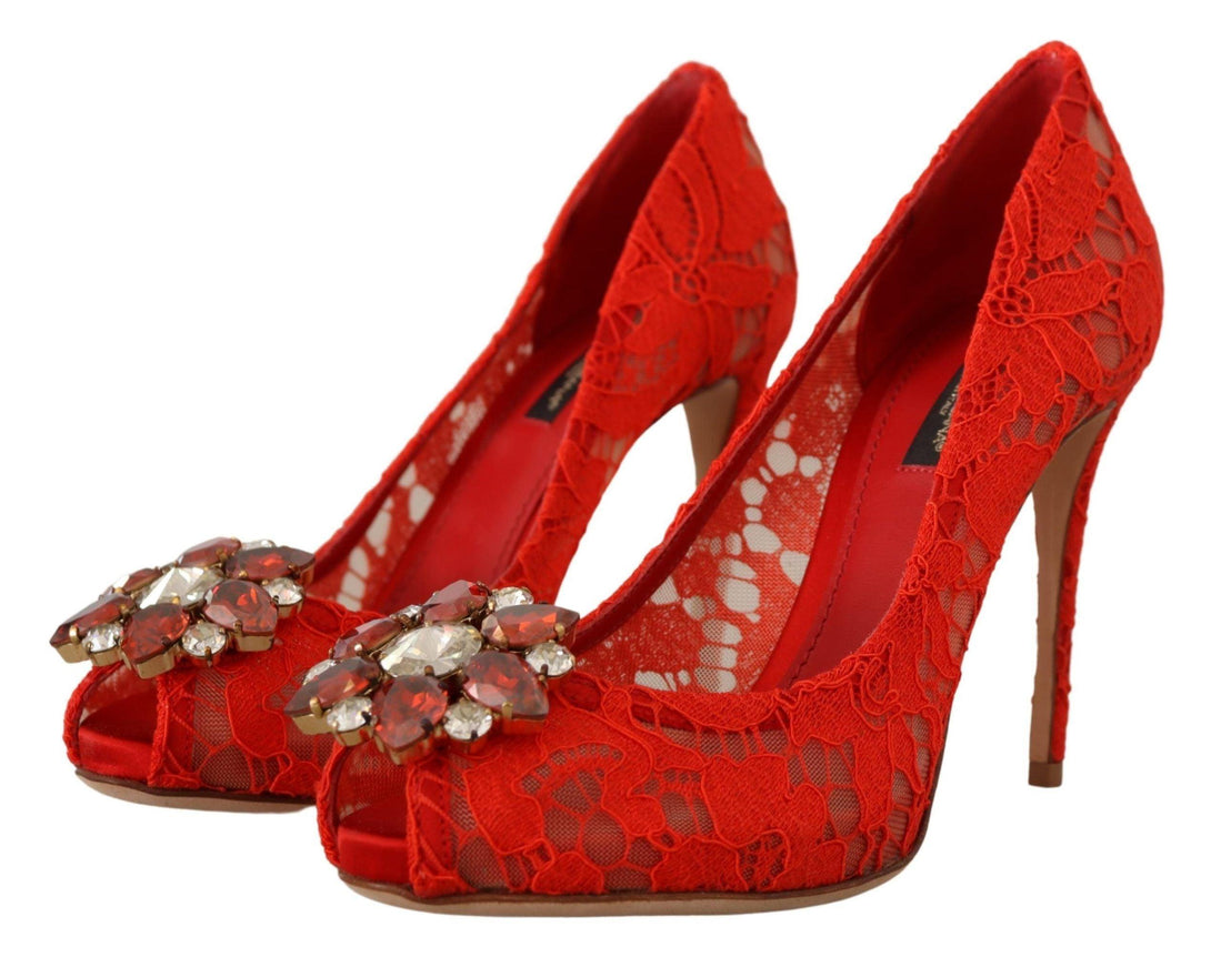 Dolce & Gabbana Red Taormina Lace Crystal Heels Pumps - Ellie Belle