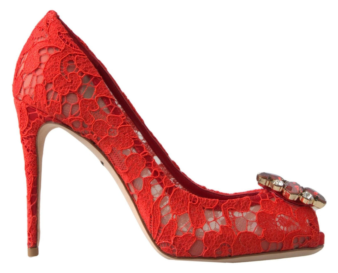 Dolce & Gabbana Red Taormina Lace Crystal Heels Pumps Shoes - Ellie Belle