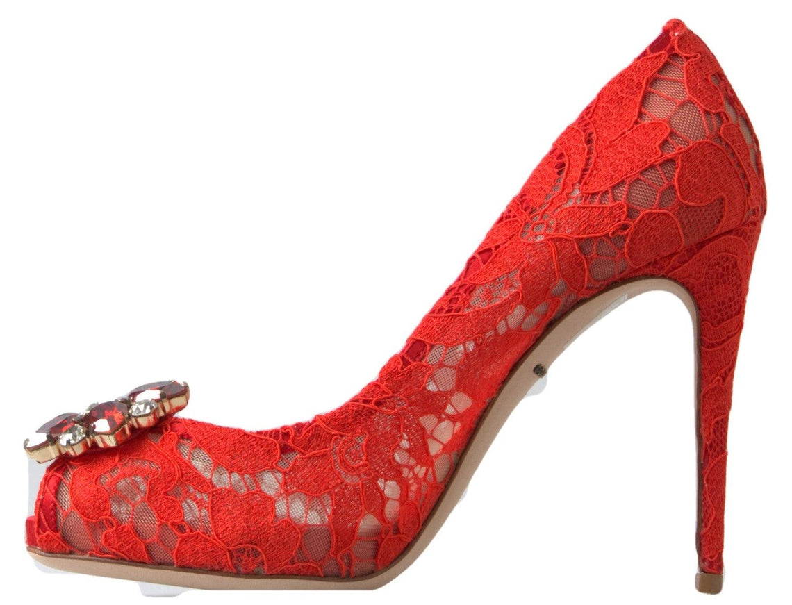 Dolce & Gabbana Red Taormina Lace Crystal Heels Pumps Shoes - Ellie Belle