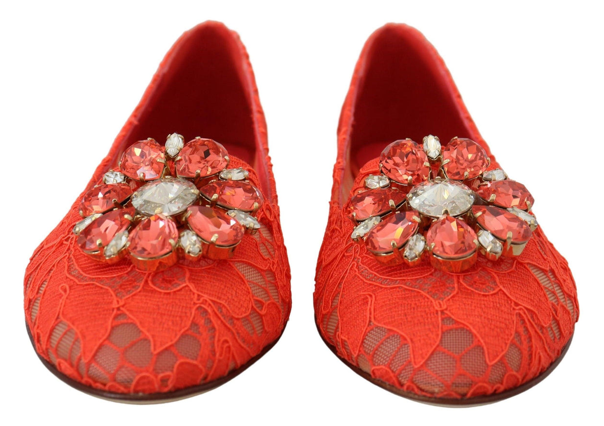 Dolce & Gabbana Red Taormina Lace Crystals Ballet Flats Shoes - Ellie Belle