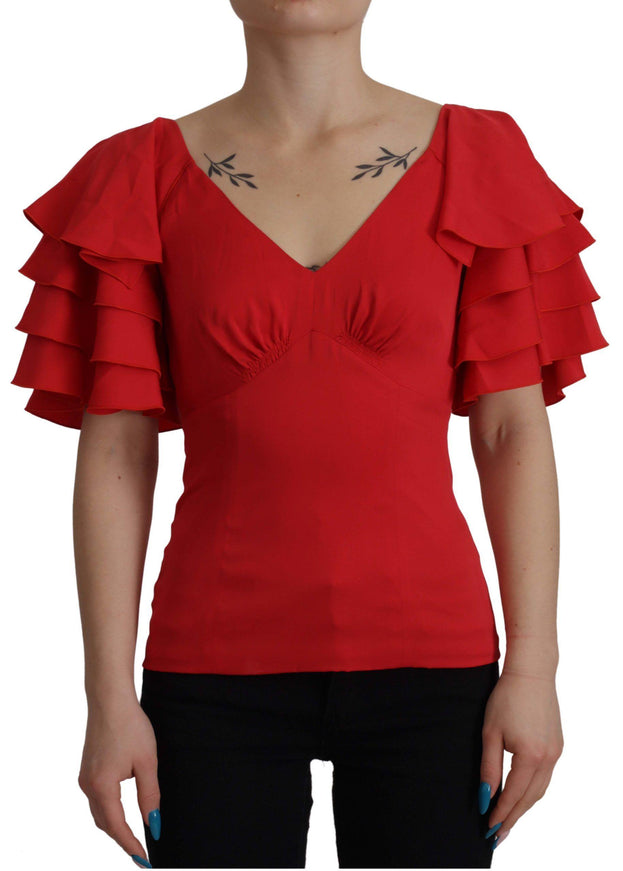 Dolce & Gabbana Red V-Neck Sleeve Zipper Back Blouse Ruffle Top - Ellie Belle