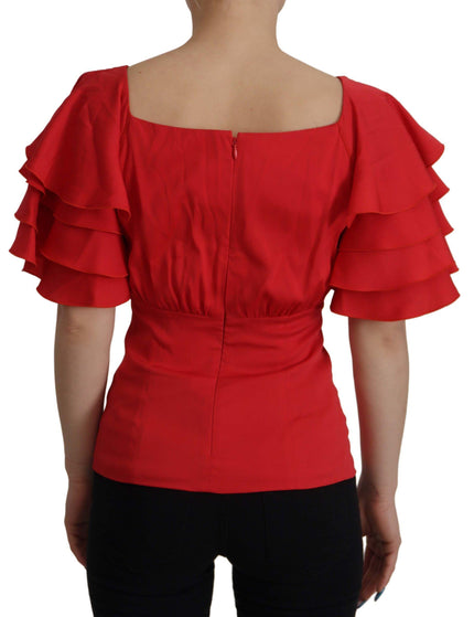 Dolce & Gabbana Red V-Neck Sleeve Zipper Back Blouse Ruffle Top - Ellie Belle