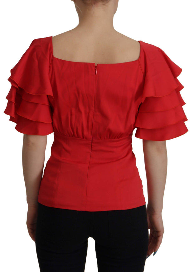 Dolce & Gabbana Red V-Neck Sleeve Zipper Back Blouse Ruffle Top - Ellie Belle