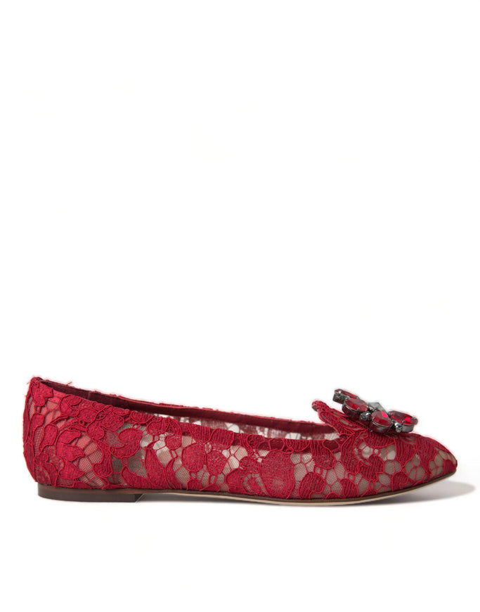 Dolce & Gabbana Red Vally Taormina Lace Crystals Flats Shoes - Ellie Belle