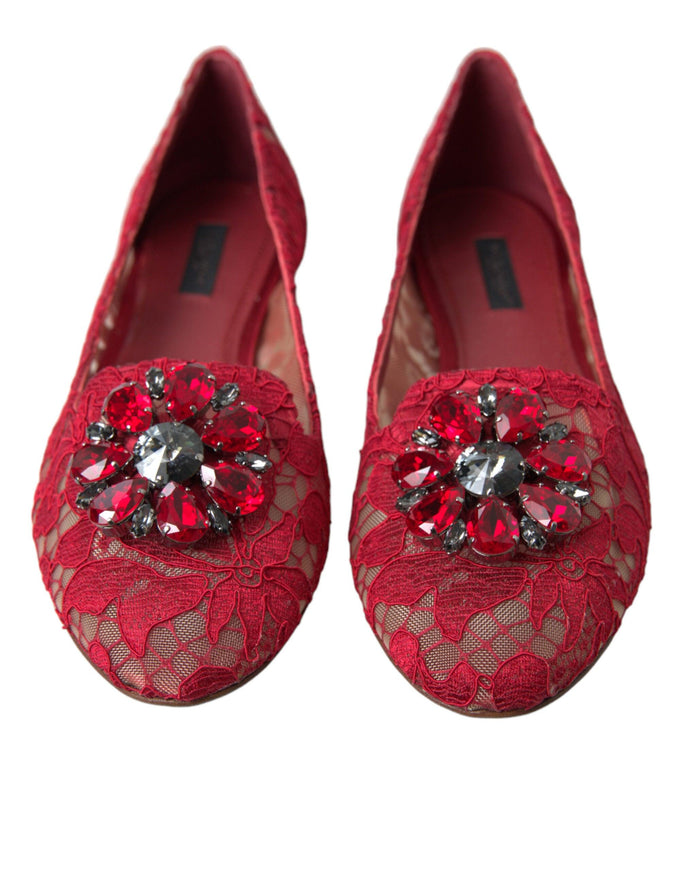 Dolce & Gabbana Red Vally Taormina Lace Crystals Flats Shoes - Ellie Belle