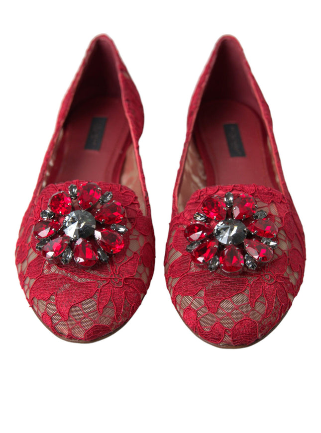Dolce & Gabbana Red Vally Taormina Lace Crystals Flats Shoes - Ellie Belle