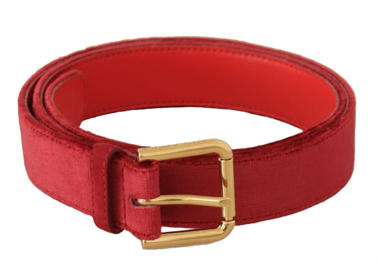 Dolce & Gabbana Red Velvet Gold Logo Engraved Metal Buckle Belt - Ellie Belle