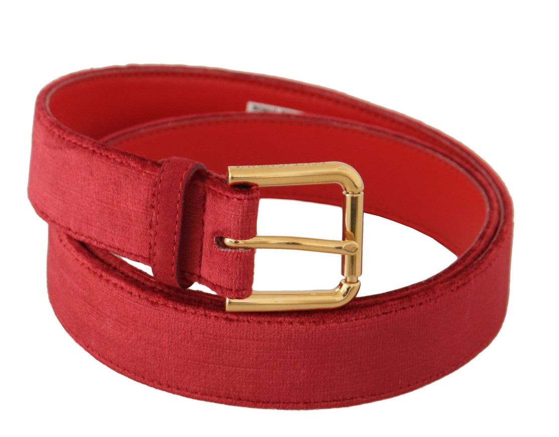 Dolce & Gabbana Red Velvet Gold Logo Engraved Metal Buckle Belt - Ellie Belle