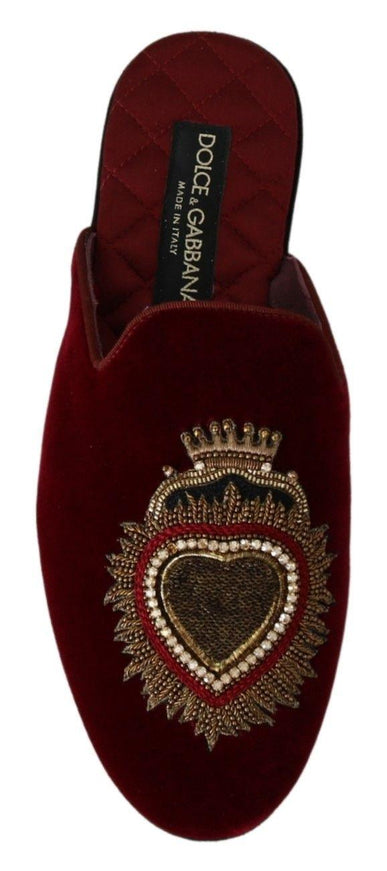 Dolce & Gabbana Red Velvet Sacred Heart Embroidery Slides Shoes - Ellie Belle