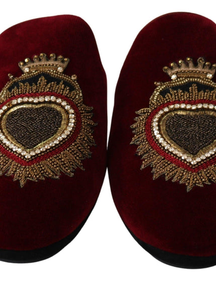 Dolce & Gabbana Red Velvet Sacred Heart Embroidery Slides Shoes - Ellie Belle