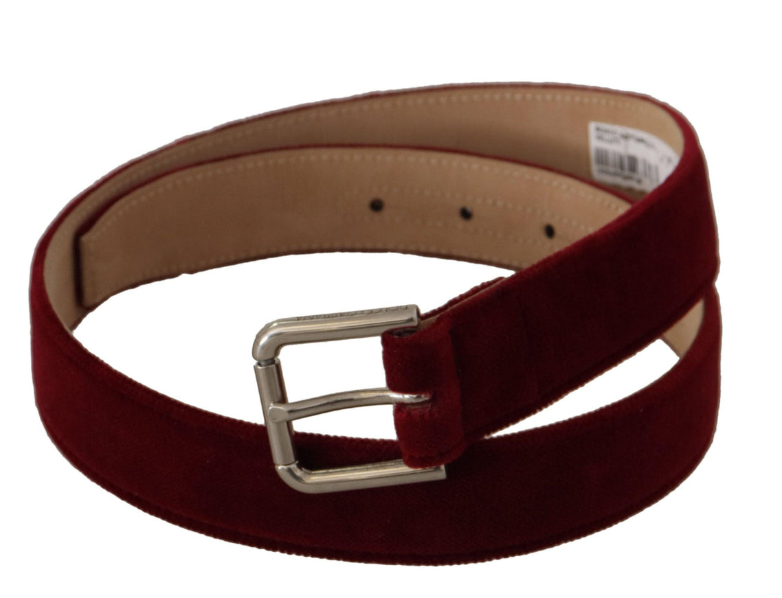 Dolce & Gabbana Red Velvet Silver Logo Engraved Metal Buckle Belt - Ellie Belle